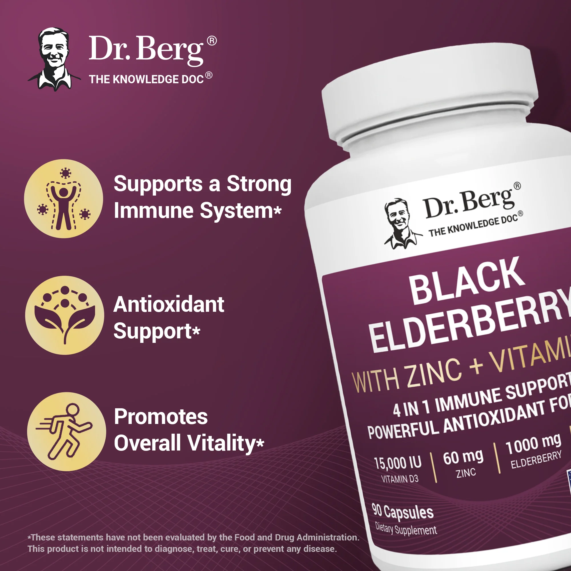 Advanced Immune Support – 1000 mg Black Elderberry with Vitamin D3 & Zinc – 90 Vegetable Capsules - Image 6